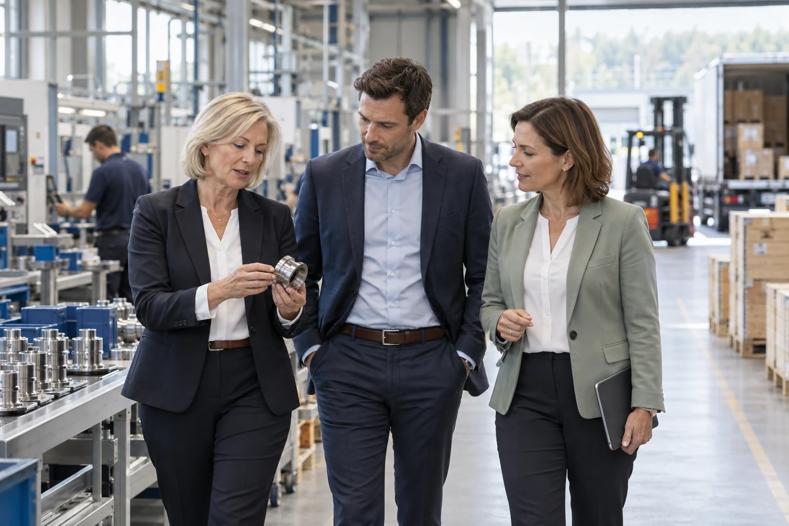 Eigentümerin und Kaufinteressenten bei der Besichtigung eines Präzisionsbetriebs